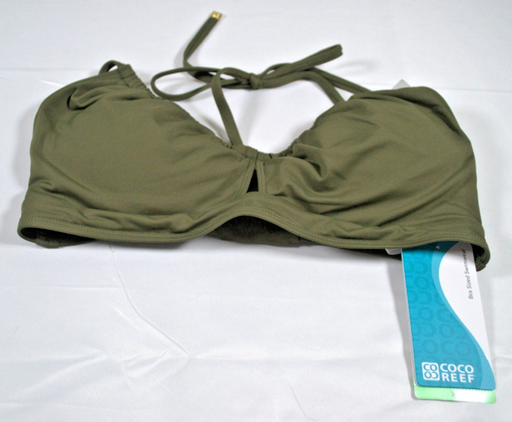 Coco Reef Bra Sized Bikini Top 34C Olive Green Underwire Halter Swimwear NWT